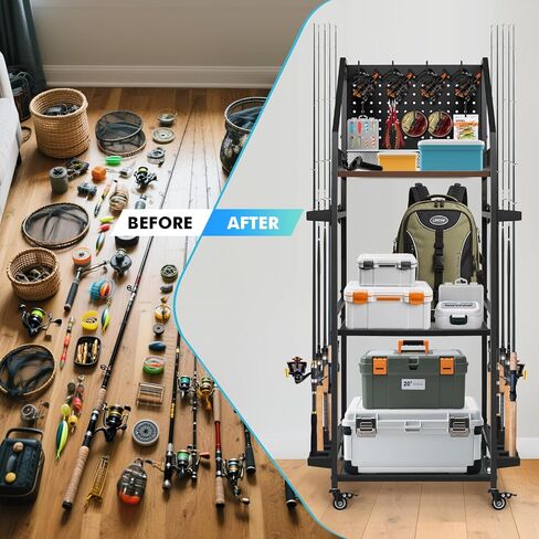 حاملات قصبة الصيد للمرآب، حامل صنارة الصيد من 3 طبقات، يحمل ما يصل إلى 12 صنارة، منظم صيد السمك مع لوح تعليق وخطاطيف وعجلات قابلة للقفل، تخزين عصا الصيد لمجموعات البكرات/الصيد/الصيد in Kuwait