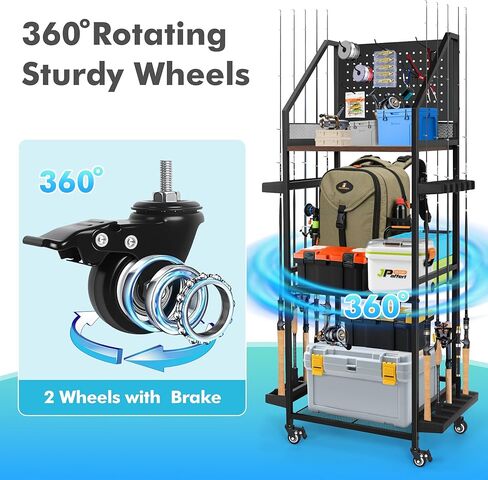 حاملات قصبة الصيد للمرآب، حامل صنارة الصيد من 3 طبقات، يحمل ما يصل إلى 12 صنارة، منظم صيد السمك مع لوح تعليق وخطاطيف وعجلات قابلة للقفل، تخزين عصا الصيد لمجموعات البكرات/الصيد/الصيد in Kuwait