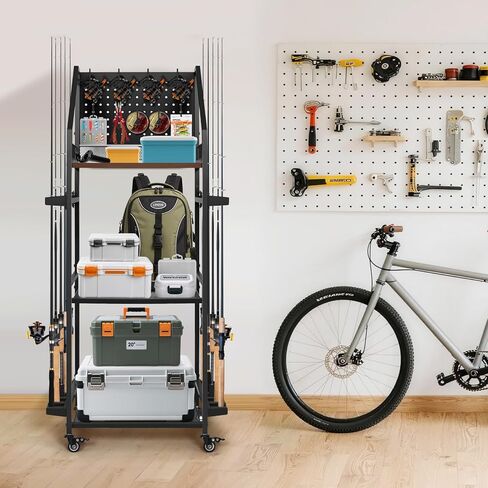 حاملات قصبة الصيد للمرآب، حامل صنارة الصيد من 3 طبقات، يحمل ما يصل إلى 12 صنارة، منظم صيد السمك مع لوح تعليق وخطاطيف وعجلات قابلة للقفل، تخزين عصا الصيد لمجموعات البكرات/الصيد/الصيد in Kuwait