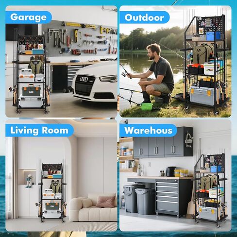 حاملات قصبة الصيد للمرآب، حامل صنارة الصيد من 3 طبقات، يحمل ما يصل إلى 12 صنارة، منظم صيد السمك مع لوح تعليق وخطاطيف وعجلات قابلة للقفل، تخزين عصا الصيد لمجموعات البكرات/الصيد/الصيد in Kuwait