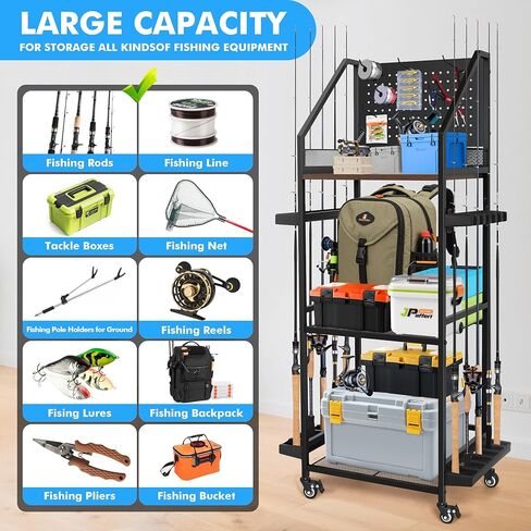 حاملات قصبة الصيد للمرآب، حامل صنارة الصيد من 3 طبقات، يحمل ما يصل إلى 12 صنارة، منظم صيد السمك مع لوح تعليق وخطاطيف وعجلات قابلة للقفل، تخزين عصا الصيد لمجموعات البكرات/الصيد/الصيد in Kuwait