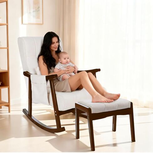 NOBLEMOOD Rocking Chair Indoor with Ottoman, Nursery Rocking Chair with Lumbar Pillow, High Back Upholstered Solid Wood Frame Rocker for Living Room in Saudi Arabia