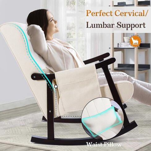 NOBLEMOOD Rocking Chair Indoor with Ottoman, Nursery Rocking Chair with Lumbar Pillow, High Back Upholstered Solid Wood Frame Rocker for Living Room in Saudi Arabia