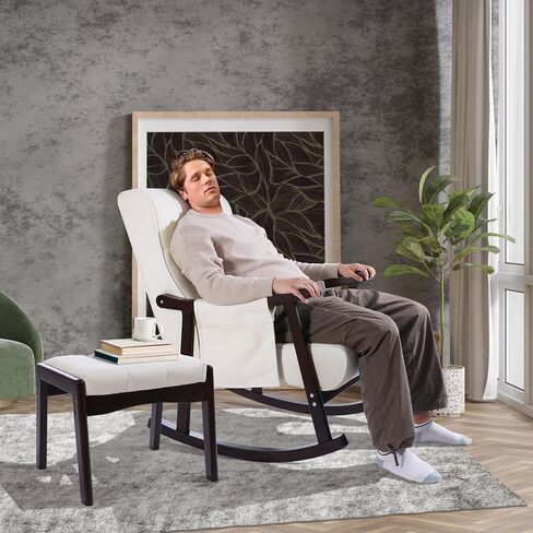 NOBLEMOOD Rocking Chair Indoor with Ottoman, Nursery Rocking Chair with Lumbar Pillow, High Back Upholstered Solid Wood Frame Rocker for Living Room in Saudi Arabia