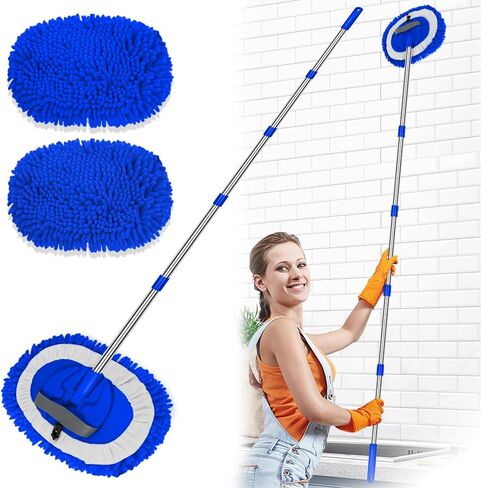 2 in 1 Lightweight Wall Cleaner Mop with Long Handle 75" 190cm Ceiling Duster Lint-Free Chenille Fiber Mop for Kitchen Baseboard Floor Glass Window Roof Cleaning Washer Scrubber Brush Tool Wet Dry Use in Saudi Arabia