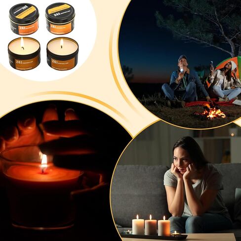 شموع التخييم | 4 قطع مقاومة للرياح لمدة 24 ساعة - شموع شمع القصدير للبقاء على قيد الحياة، من أجل مغامرة العاصفة والسفر وحقيبة الظهر والصيد والصيد in Saudi Arabia