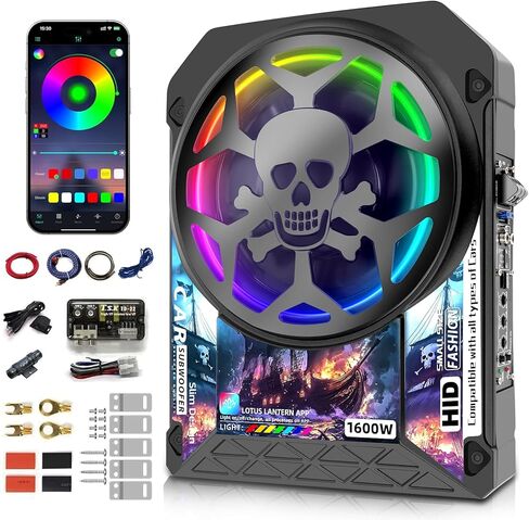 1600W Slim Underseat Car Subwoofer with Built-in Amplifier, RGB Beat-Synced Lighting, Adjustable Bass Gain/Boost/Filter, Deep Bass Sub and Amp Combo for Truck, SUV, Jeep, Sedan in Saudi Arabia