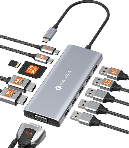 محطة إرساء NOVOO USB C شاشة مزدوجة HDMI 4K 60 هرتز، منفذ عرض 15 في 1، VGA، شحن PD 100 واط، 10 جيجابت في الثانية USB-C/USB-A، إيثرنت، SD/TF، ​​صوت - متوافق مع MacBook، Dell، HP، Lenovo، Surface in Kuwait