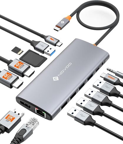 محطة إرساء NOVOO USB C شاشة مزدوجة HDMI 4K 60 هرتز، منفذ عرض 15 في 1، VGA، شحن PD 100 واط، 10 جيجابت في الثانية USB-C/USB-A، إيثرنت، SD/TF، ​​صوت - متوافق مع MacBook، Dell، HP، Lenovo، Surface in Kuwait