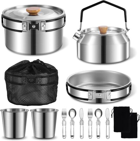 12pcs Outdoor Camping Cookware Kit, Lightweight Stainless Steel Kettle, Non-Stick Pot and pan, with Fork Spoon Kits Suitable for picnics and Backpacking Trips in Saudi Arabia
