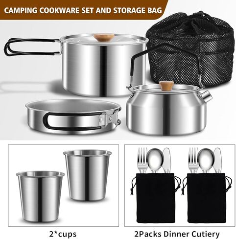 12pcs Outdoor Camping Cookware Kit, Lightweight Stainless Steel Kettle, Non-Stick Pot and pan, with Fork Spoon Kits Suitable for picnics and Backpacking Trips in Saudi Arabia