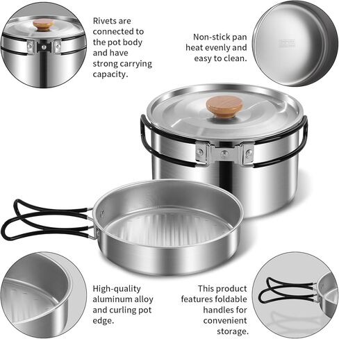 12pcs Outdoor Camping Cookware Kit, Lightweight Stainless Steel Kettle, Non-Stick Pot and pan, with Fork Spoon Kits Suitable for picnics and Backpacking Trips in Saudi Arabia