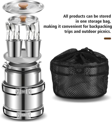 12pcs Outdoor Camping Cookware Kit, Lightweight Stainless Steel Kettle, Non-Stick Pot and pan, with Fork Spoon Kits Suitable for picnics and Backpacking Trips in Saudi Arabia