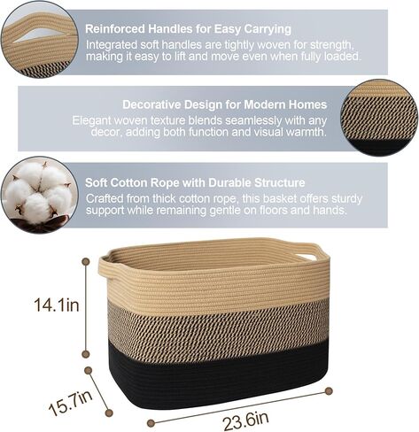 سلة بطانية كبيرة جدًا، 23.6 بوصة × 15.7 بوصة × 14.1 بوصة لتخزين البطانية المنسوجة لغرفة المعيشة، سلة أرضية خوص كبيرة الحجم، صندوق ألعاب للكلاب من الحبال القطنية الكبيرة، حامل وسادة مستطيل مزخرف in Kuwait