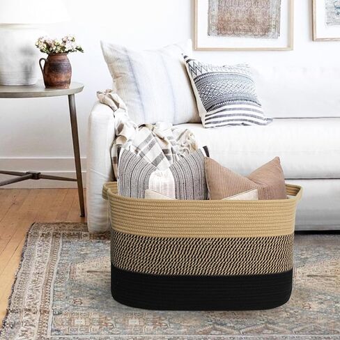 سلة بطانية كبيرة جدًا، 23.6 بوصة × 15.7 بوصة × 14.1 بوصة لتخزين البطانية المنسوجة لغرفة المعيشة، سلة أرضية خوص كبيرة الحجم، صندوق ألعاب للكلاب من الحبال القطنية الكبيرة، حامل وسادة مستطيل مزخرف in Kuwait