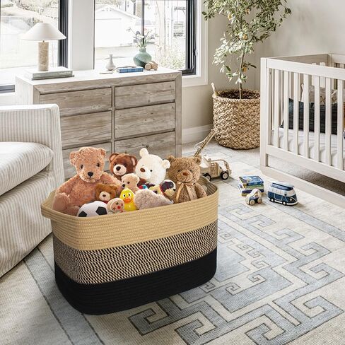 سلة بطانية كبيرة جدًا، 23.6 بوصة × 15.7 بوصة × 14.1 بوصة لتخزين البطانية المنسوجة لغرفة المعيشة، سلة أرضية خوص كبيرة الحجم، صندوق ألعاب للكلاب من الحبال القطنية الكبيرة، حامل وسادة مستطيل مزخرف in Kuwait