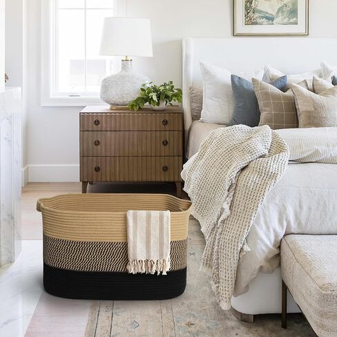 سلة بطانية كبيرة جدًا، 23.6 بوصة × 15.7 بوصة × 14.1 بوصة لتخزين البطانية المنسوجة لغرفة المعيشة، سلة أرضية خوص كبيرة الحجم، صندوق ألعاب للكلاب من الحبال القطنية الكبيرة، حامل وسادة مستطيل مزخرف in Kuwait