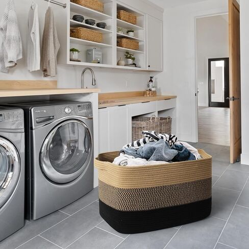 سلة بطانية كبيرة جدًا، 23.6 بوصة × 15.7 بوصة × 14.1 بوصة لتخزين البطانية المنسوجة لغرفة المعيشة، سلة أرضية خوص كبيرة الحجم، صندوق ألعاب للكلاب من الحبال القطنية الكبيرة، حامل وسادة مستطيل مزخرف in Kuwait