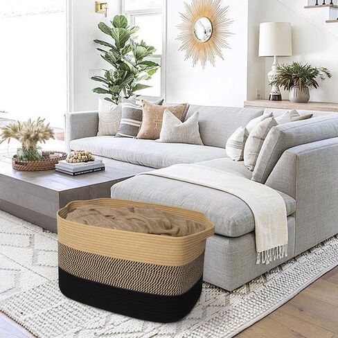 سلة بطانية كبيرة جدًا، 23.6 بوصة × 15.7 بوصة × 14.1 بوصة لتخزين البطانية المنسوجة لغرفة المعيشة، سلة أرضية خوص كبيرة الحجم، صندوق ألعاب للكلاب من الحبال القطنية الكبيرة، حامل وسادة مستطيل مزخرف in Kuwait