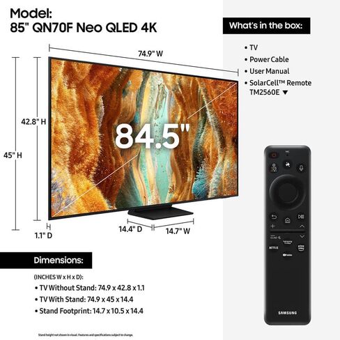 تلفزيون سامسونج الذكي 85 بوصة فئة Neo QLED 4K QN70F Vision AI Mini LED (2025) مع تقنية HDR ومسرع الحركة + كابل HDMI + حزمة البث + حماية CPS لمدة 12 شهرًا in Kuwait