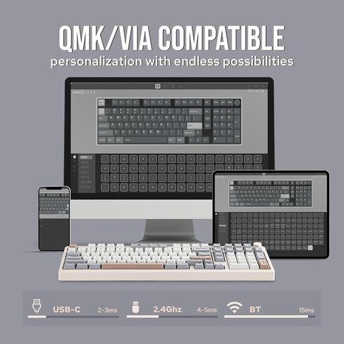 لوحة مفاتيح الألعاب اللاسلكية EPOMAKER Galaxy100 QMK/VIA، هيكل من الألومنيوم، BT/2.4 جيجا هرتز/USB-C، مفاتيح خطية قابلة للتبديل مسبقًا، NKRO، إضاءة خلفية RGB (أبيض كريمي، مفتاح خطي ويستريا) in Kuwait