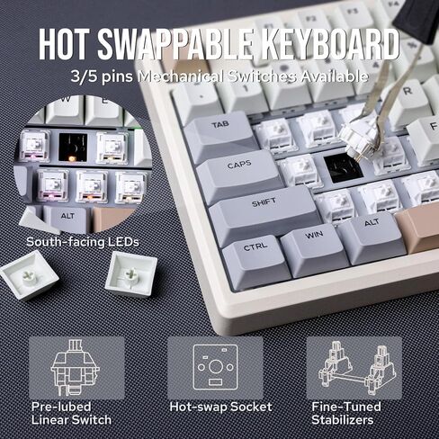 لوحة مفاتيح الألعاب اللاسلكية EPOMAKER Galaxy100 QMK/VIA، هيكل من الألومنيوم، BT/2.4 جيجا هرتز/USB-C، مفاتيح خطية قابلة للتبديل مسبقًا، NKRO، إضاءة خلفية RGB (أبيض كريمي، مفتاح خطي ويستريا) in Kuwait