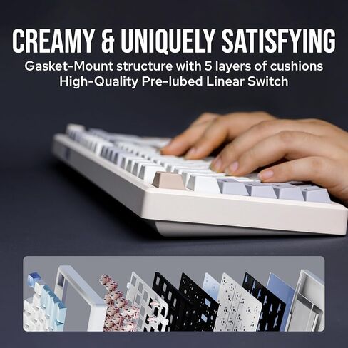 لوحة مفاتيح الألعاب اللاسلكية EPOMAKER Galaxy100 QMK/VIA، هيكل من الألومنيوم، BT/2.4 جيجا هرتز/USB-C، مفاتيح خطية قابلة للتبديل مسبقًا، NKRO، إضاءة خلفية RGB (أبيض كريمي، مفتاح خطي ويستريا) in Kuwait