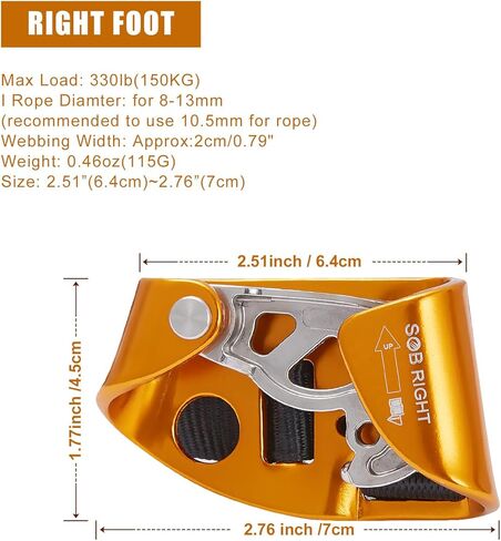 Foot Ascender، شجرة تسلق الصخور في الهواء الطلق، جهاز تسلق الجبال معدات تسلق الجبال لحبل 8-13 مم (يسار أسود + برتقالي يمين) in Kuwait