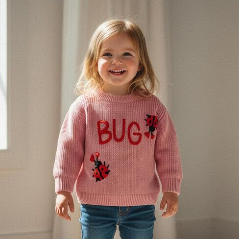 Toddler Baby Girl Valentines Outfits Ladybug Heart Embroidery Long Sleeve Knit Sweater Pullover Spring Cable Tops in Saudi Arabia