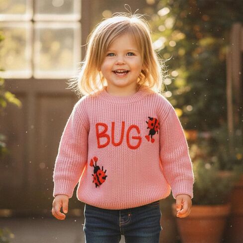Toddler Baby Girl Valentines Outfits Ladybug Heart Embroidery Long Sleeve Knit Sweater Pullover Spring Cable Tops in Saudi Arabia