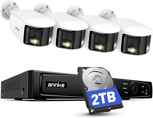 نظام كاميرا أمان ANNKE 4K PoE مع عدسة مزدوجة، رؤية بانورامية 180 درجة، 12 ميجابكسل H.265+ NVR مع محرك أقراص ثابتة سعة 2 تيرابايت، 4 كاميرات IP سلكية خارجية 8 ميجابكسل، اكتشاف ذكي للإنسان/المركبة، صوت ثنائي الاتجاه، إنذار ضوئي وصوت in Kuwait