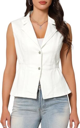 Women's Denim Vest Button Down V Neck Elastic Waist Waistcoat Sleeveless Jean Jacket in Saudi Arabia