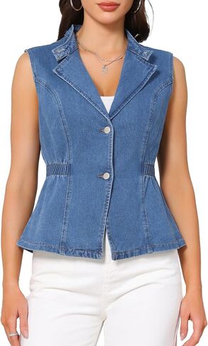 Women's Denim Vest Button Down V Neck Elastic Waist Waistcoat Sleeveless Jean Jacket in Saudi Arabia