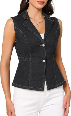 Women's Denim Vest Button Down V Neck Elastic Waist Waistcoat Sleeveless Jean Jacket in Saudi Arabia