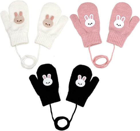 3 Pairs Toddler Warm Knit Winter Mittens Cute Rabbit Kids Magic Stretch Gloves with String for Boys and Girls in Kuwait