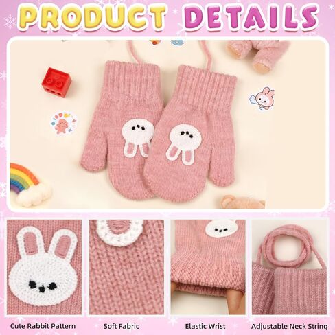 3 Pairs Toddler Warm Knit Winter Mittens Cute Rabbit Kids Magic Stretch Gloves with String for Boys and Girls in Kuwait