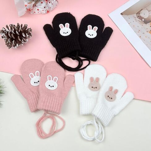 3 Pairs Toddler Warm Knit Winter Mittens Cute Rabbit Kids Magic Stretch Gloves with String for Boys and Girls in Kuwait
