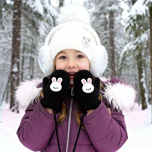 3 Pairs Toddler Warm Knit Winter Mittens Cute Rabbit Kids Magic Stretch Gloves with String for Boys and Girls in Kuwait