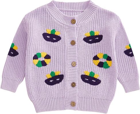 Toddler Boy Girl Mardi Gras Cardigan Mask Bead Embroidery Long Sleeve Button Down Sweater Infant Spring Knit Jacket in Saudi Arabia