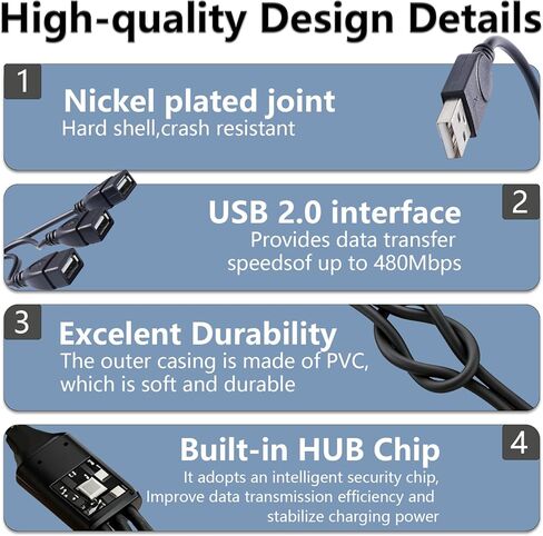 كابل شحن مقسم USB (1 قدم)، USBA ذكر إلى 3 أنثى USB 3 في 1 كابل مقسم USBA 2.0 محمول للشحن ونقل البيانات والكمبيوتر المحمول/الكمبيوتر الشخصي/السيارة/لوحة المفاتيح إلخ in Saudi Arabia