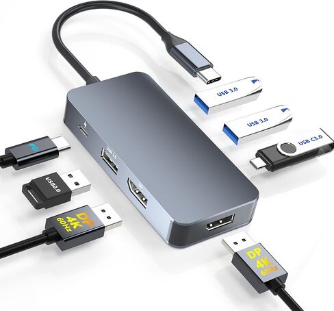 مقسم منفذ العرض للشاشات المزدوجة، محطة إرساء بمنفذ عرض مزدوج USB C لأجهزة الكمبيوتر المحمول Dell/HP/Mac، محطة إرساء 7 في 1 4K@60 هرتز شاشة مزدوجة مع بيانات USB3.0/USB-C/100 وات PD، محور Displayport MST in Kuwait