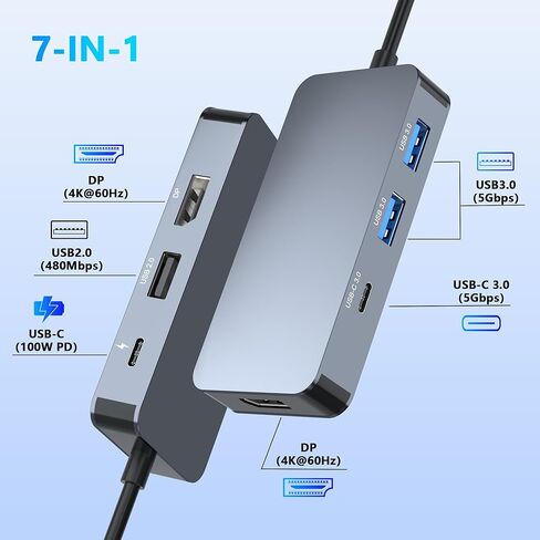 مقسم منفذ العرض للشاشات المزدوجة، محطة إرساء بمنفذ عرض مزدوج USB C لأجهزة الكمبيوتر المحمول Dell/HP/Mac، محطة إرساء 7 في 1 4K@60 هرتز شاشة مزدوجة مع بيانات USB3.0/USB-C/100 وات PD، محور Displayport MST in Kuwait