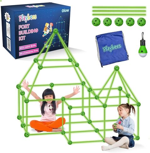 Playbees Fort Building Kit – 140 PCS STEM Toy for Kids Ages 4-12 – Build Tents, Castles & Rockets – Includes Rods, Connectors, 2 Blankets & Flashlight – Creative Building Set & Great Gift in Saudi Arabia