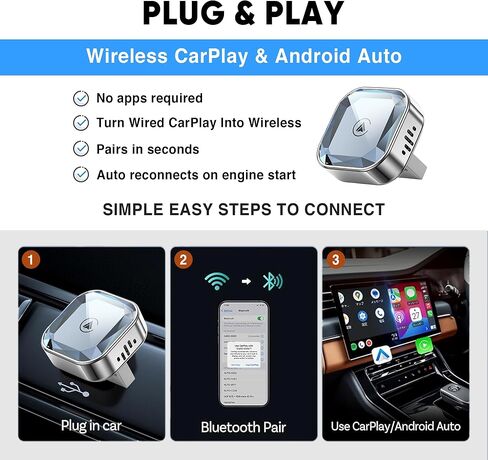 محول Carplay لاسلكي 2 في 1 لأجهزة Android وiPhone، التوصيل والتشغيل، محول Android Auto اللاسلكي للسيارة - توصيل تلقائي سريع USB Bluetooth Carplay للسيارة، متوافق مع جميع الهواتف in Kuwait