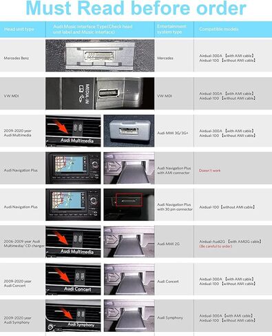 محول صوت بلوتوث AMI لنظام Audi MDI MMI 3G، محول صوت Airdual-3G متوافق مع Mercedes Benz VW Audi (سلسلة 2010-2020) لواجهة الموسيقى، Audi Symphony/Concert in Kuwait