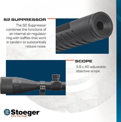مجموعة Stoeger S8000-E TAC Airgun - عيار 22 - أسود اصطناعي مع نطاق موضوعي قابل للتعديل 3-9x40 in Kuwait