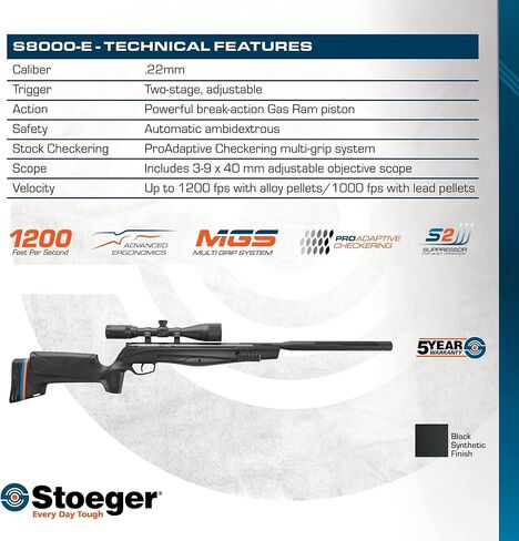 مجموعة Stoeger S8000-E TAC Airgun - عيار 22 - أسود اصطناعي مع نطاق موضوعي قابل للتعديل 3-9x40 in Kuwait