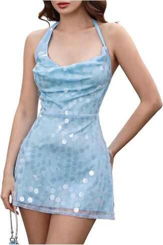 SOLY HUX Women's Sequin Sparkly Halter Mini Dress Cowl Neck Draped Backless Sleeveless A Line Party Summer Dresses in Saudi Arabia