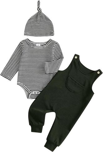 Newborn Baby Boy Clothes Long Sleeve Waffle Striped Romper Overalls Pants Hat 3Pcs Infant Fall Winter Spring Outfits in Saudi Arabia