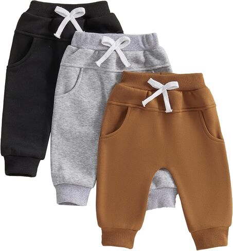 Sejardin Toddler Baby Boys Fleece Sweatpants 3 Pack Solid Color Elastic Waist Jogger Pants Infant Winter Warm Bottoms in Saudi Arabia